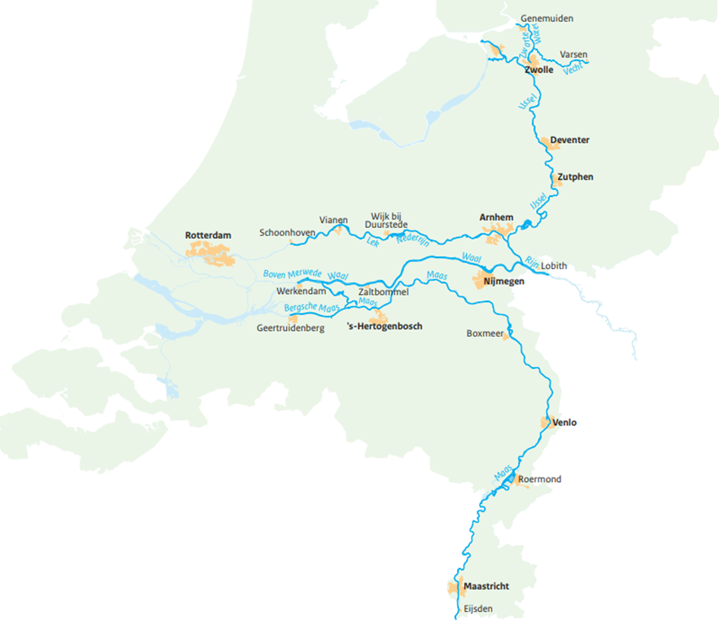 Deze afbeelding laat zien welke gebieden onderdeel zijn van de scope van het programma Integraal Riviermanagement. Het gaat om de Maas en Rijntakken.