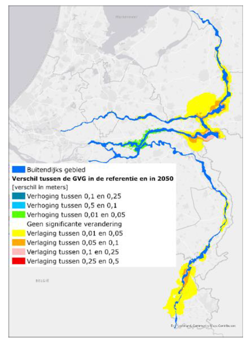 Deze afbeelding laat de uitstraling van de daling van de grondwaterstand zien als gevolg van een lagere rivierwaterstand, uitgaande van doorgaande rivierbodemerosie tot 2050 op de Rijntakken en de Maas. Zichtbaar is dat er met name een verlaging is ter hoogte van de Gemeenschappelijke Maas, Bovenmaas, BovenIJssel en Waalbochten.