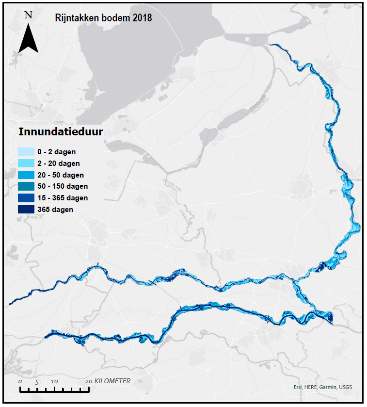 Deze afbeelding laat de gemiddelde overstromingsduur langs de Rijntakken in een situatie zonder zomerdijken zien in dagen per jaar. De vrijafstromende Waal en IJssel kennen een matige variatie aan overstromingsduur, terwijl de gestuwde Nederrijn-Lek een zeer lage overstromingsduur kent.