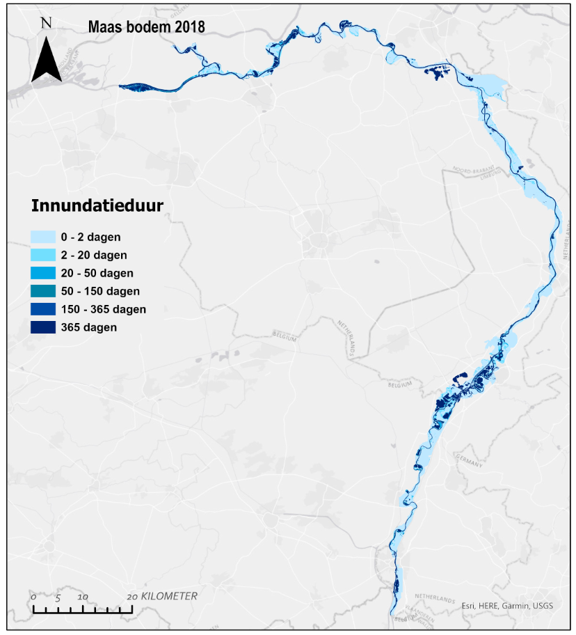 Deze afbeelding laat de gemiddelde overstromingsduur langs de Maas zien in dagen per jaar. De vrijafstromende Gemeenschappelijke Maas kent een matige variatie aan overstromingsduur, net als de gestuwde Maastrajecten.
