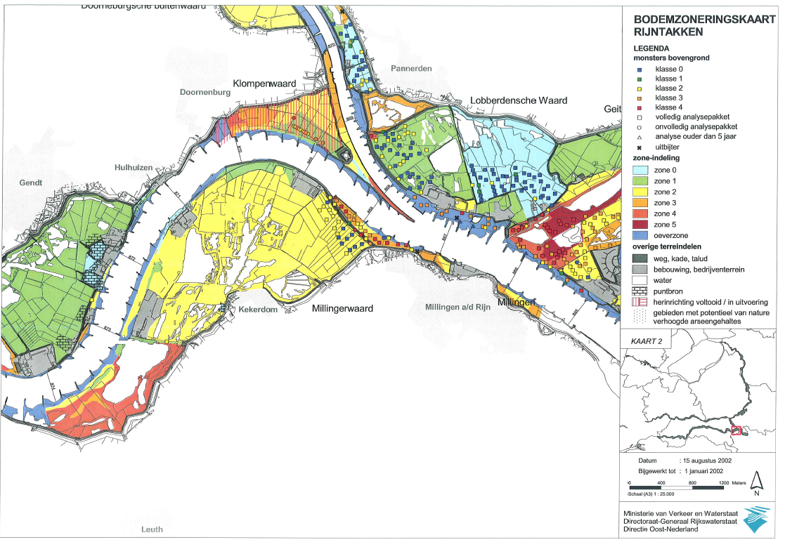 Deze afbeelding geeft een voorbeeld van welke verschillen in bodemkwaliteit te verwachten zijn in de Rijntakken. 