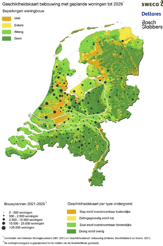 Deze afbeelding laat zien welke gebieden in Nederland geschikt zijn voor bebouwing met geplande woningen tot 2029. Langs het stroomgebied zijn vaak kleinere hoeveelheden woningen gepland.