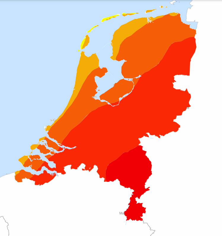 Deze afbeelding laat het verwachtte aantal zomerse dagen met meer dan 25 °C zien in de huidige situatie met klimaatscenario ‘laag’. In en rond de provincie Limburg wordt het hoogste aantal zomerse dagen verwacht, met 40 tot 50. Op de Waddeneilanden wordt het laagste aantal verwacht, met 0 tot 10.