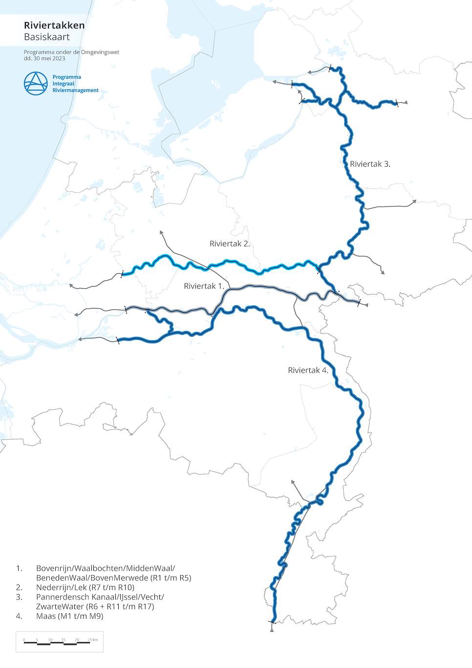 Deze afbeelding laat de vier aanwezige riviertakken zien. Het gaat om de riviertakken IJssel, Nederrijn, Waal en Maas.