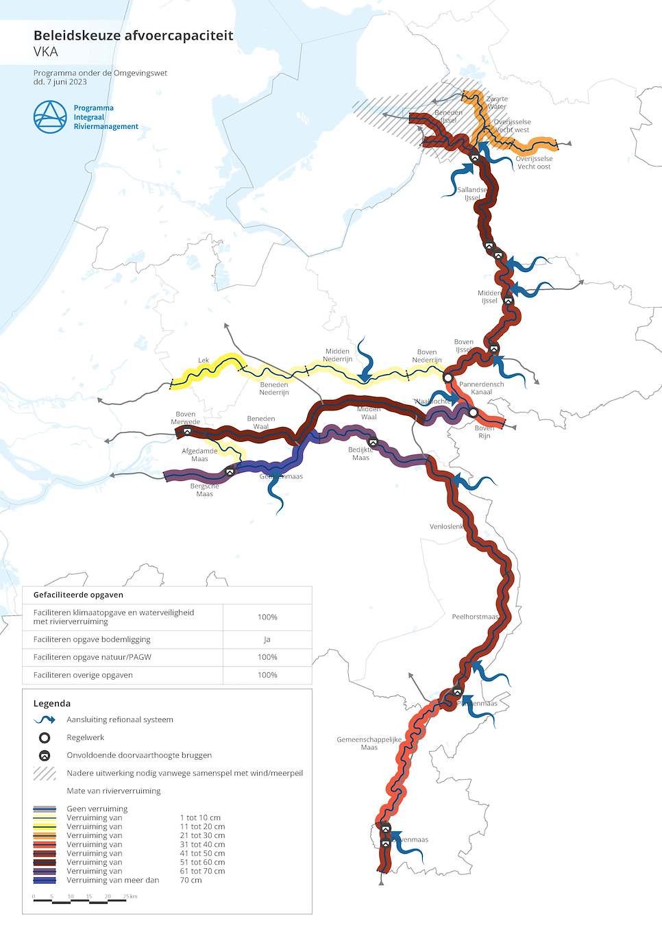 Deze afbeelding laat de mate van rivierverruiming zien voor het richtinggevend voorkeursalternatief. Op veel trajecten langs de Maas, Waal en IJssel is meer dan 30 centimeter waterstandverlaging nodig door middel van rivierverruiming. Voor een deel van de Maas kan dit oplopen tot meer dan 70 centimeter waterstandverlaging.