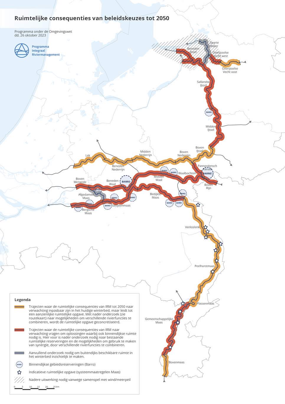 Deze afbeelding laat de ruimtelijke consequenties van de beleidskeuzes tot 2050 zien. Op veel trajecten langs de Maas, Waal en IJssel is beperkte buitendijkse ruimte voor alle trajectopgaven. Hiervoor is nader onderzoek nodig naar bestaande ruimtelijke reserveringen en de mogelijkheden om gebruik te maken van synergie, door verschillende rivierfuncties te combineren.