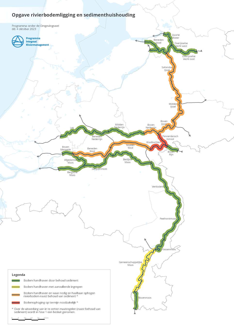 Deze afbeelding geeft de opgave voor de rivierbodemligging weer voor het richtinggevend voorkeursalternatief. De afbeelding laat zien waar de verschillen in rivierbodemligging zitten ten opzichte van de huidige situatie. Bij de Waalbochten en het Pannerdensch Kanaal is bodemophoging op termijn noodzakelijk. Bij een deel van de IJssel en de Waal moet de rivierbodem gehandhaafd blijven en waar nodig en haalbaar opgehoogd.