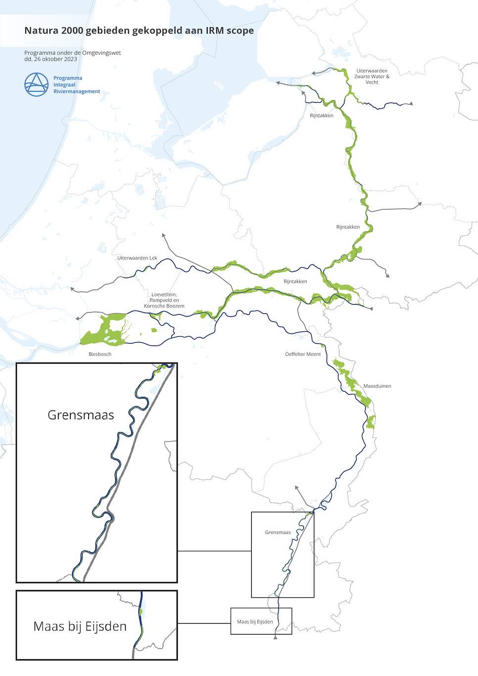 Deze afbeelding laat zien waar de Natura 2000-gebieden liggen die binnen het studiegebied van IRM liggen. 