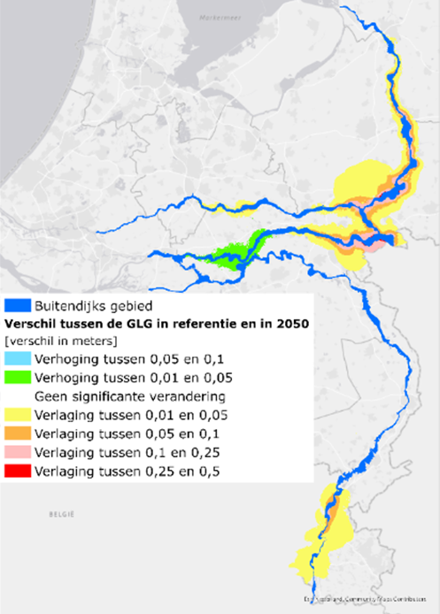 Deze afbeelding laat de verandering in grondwaterstand (GHG, GVG en GLG) tussen 2050 en de referentiesituatie zien als gevolg van veranderingen in de rivierbodemligging.