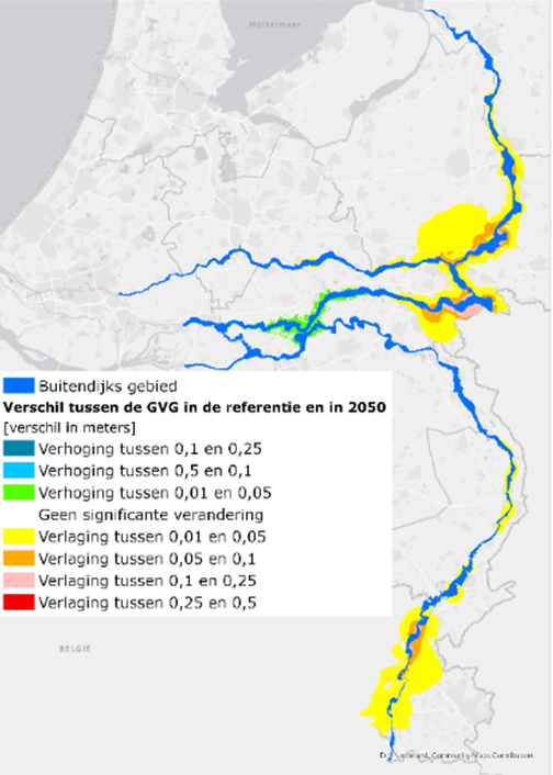 Deze afbeelding laat de verandering in Gemiddeld hoogste grondwaterstand en de Gemiddelde voorjaarsgrondwaterstand als gevolg van veranderingen in rivierbodemligging tot 2050 zien. Zichtbaar is dat er met name een verlaging is ter hoogte van de Gemeenschappelijke Maas, Bovenmaas, BovenIJssel en Waalbochten.
