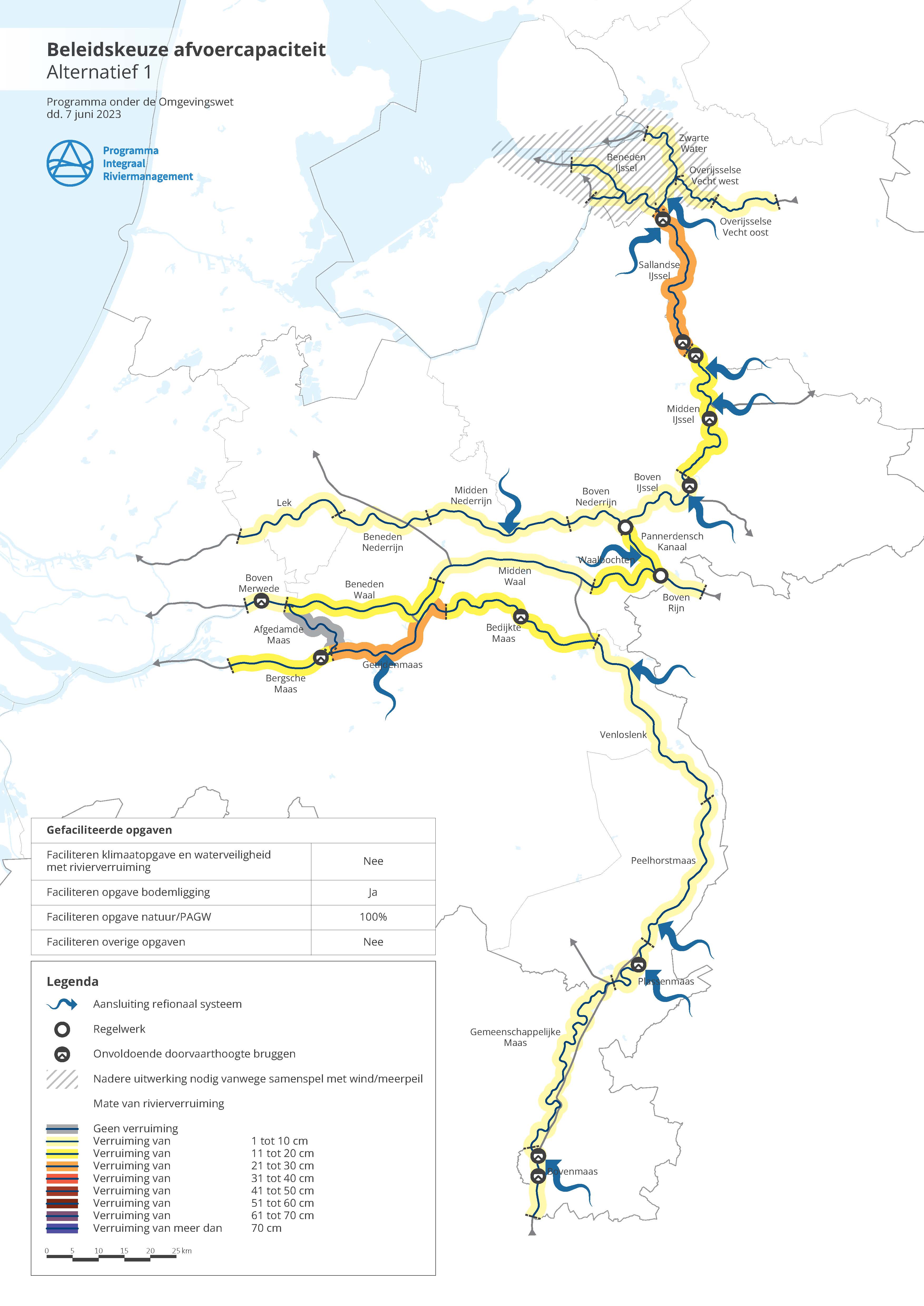 Alternatief 1 is ter vergelijking naast de afbeelding van alternatief 3 gelegd. In de afbeelding van alternatief 1 is de mate van rivierverruiming weer ten opzichte van de referentiesituatie. In alternatief 1 is bij de Getijdenmaas en de Sallandse IJssel de grootste verruiming voorzien, van 21 tot 30 centimeter. Op de andere trajecten is de verruiming minder dan 20 centimeter.
