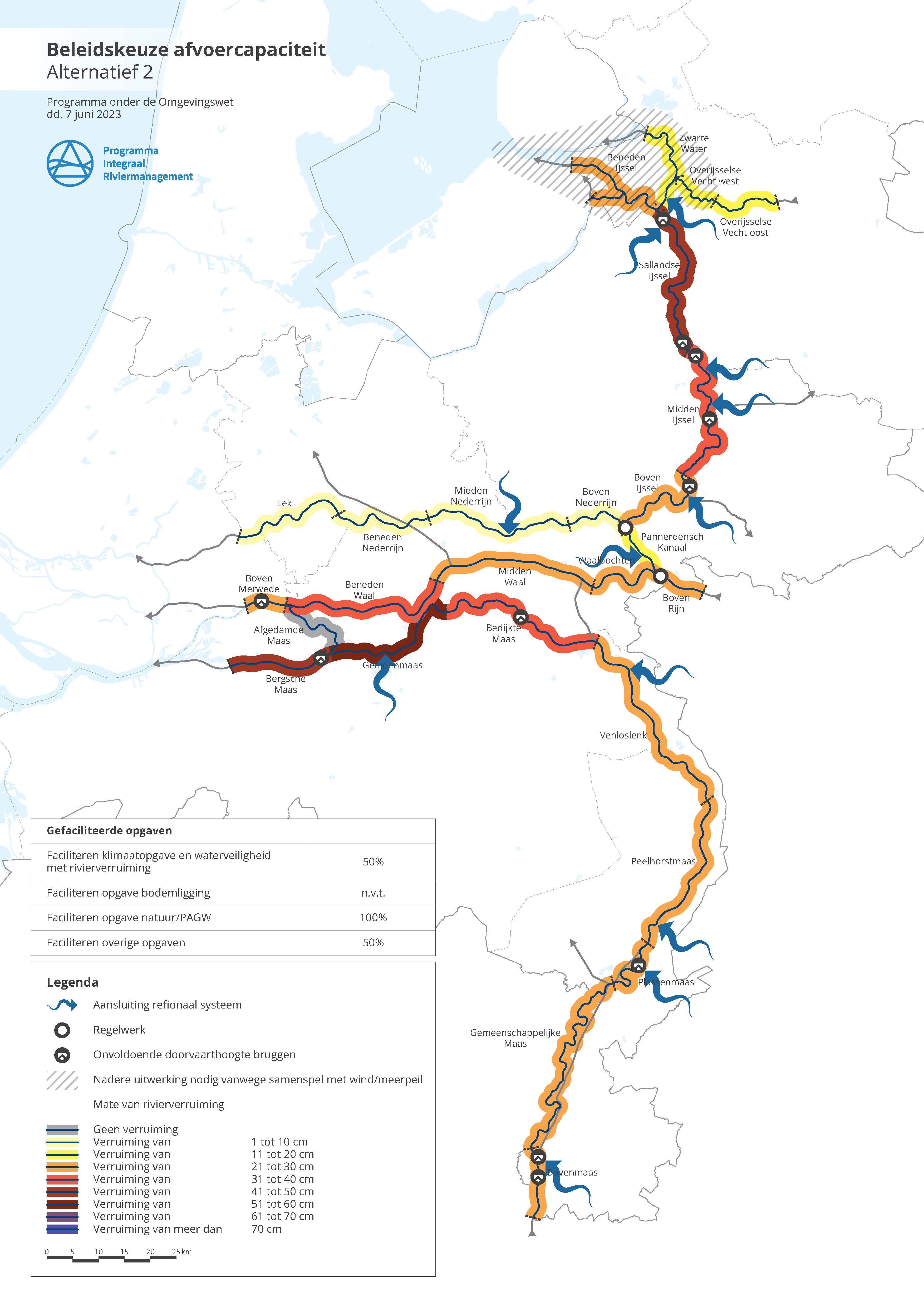 Deze afbeelding geeft voor alternatief 2 de mate van rivierverruiming weer ten opzichte van de referentiesituatie. In alternatief 2 is bij de Getijdenmaas en de Sallamdse Ijssel de grootste verruiming voorzien, van 51 tot 60 centimeter. Op de andere trajecten is de verruiming minder dan 50 centimeter. 