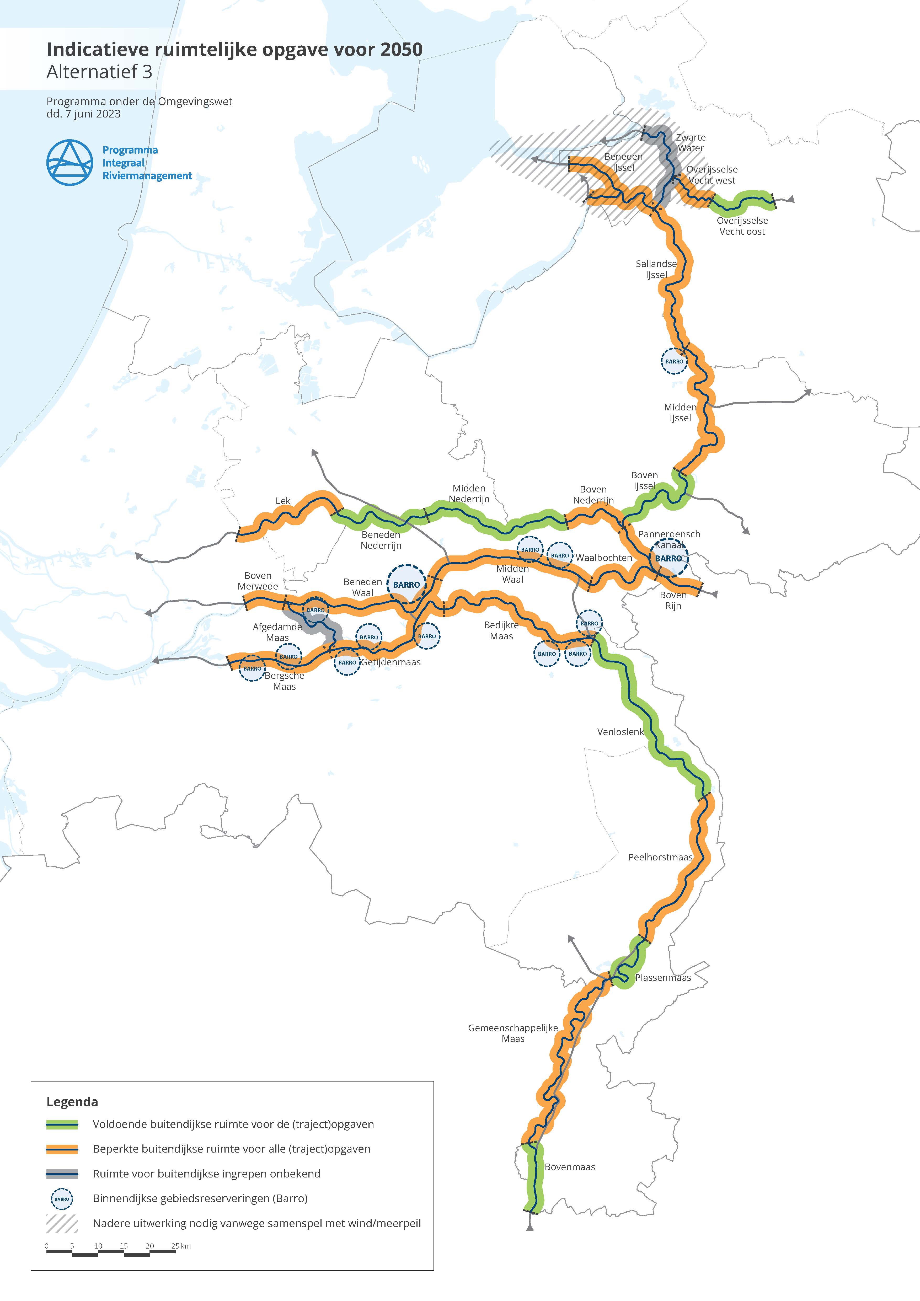 Alternatief 3 is ter vergelijking naast de afbeelding van alternatief 2 gelegd. In de afbeelding van alternatief 3 is de ruimtelijke consequenties weer ten opzichte van de referentiesituatie. In alternatief 3 is op veel trajecten langs de Maas, Waal en IJssel beperkte buitendijkse ruimte voor alle trajectopgaven.