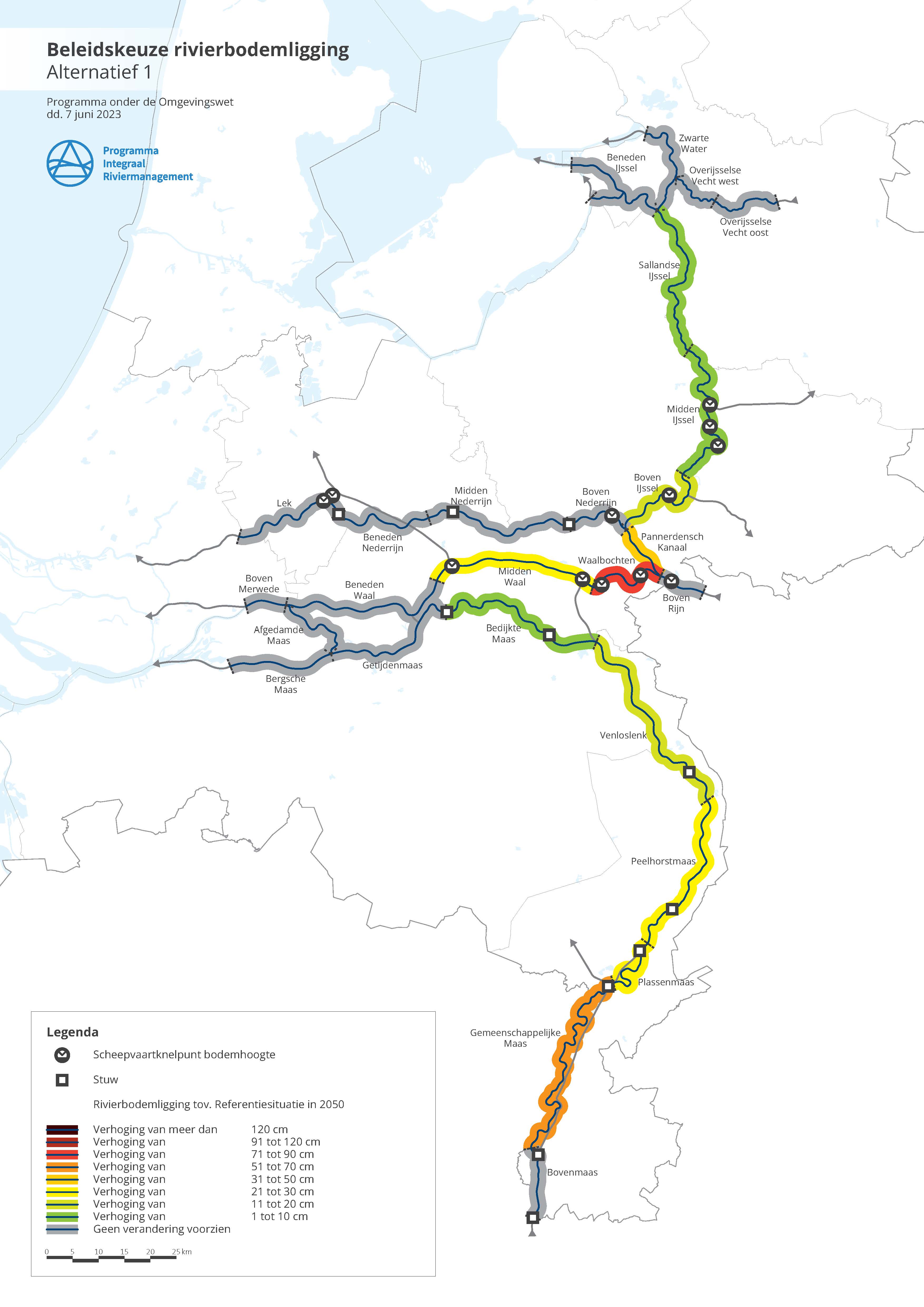 Deze afbeelding geeft voor alternatief 1 de bodemverhoging weer ten opzichte van de referentiesituatie. In alternatief 1 is bij de Waalbochten de grootste verhoging voorzien, van 71 tot 90 centimeter. Op de andere trajecten is de verhoging minder dan 70 centimeter, of helemaal niet nodig. 