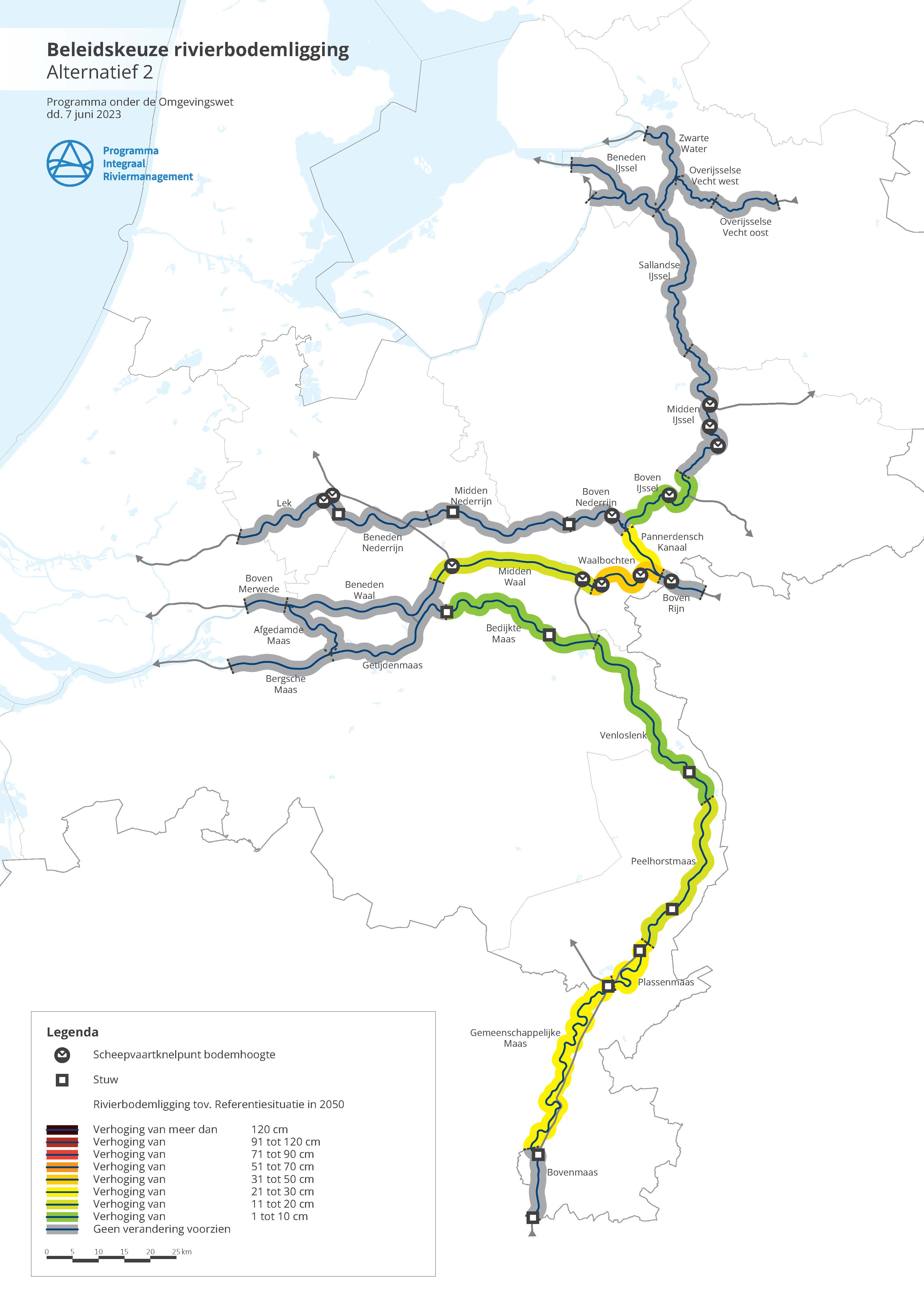 Deze afbeelding geeft voor alternatief 2 de bodemverhoging weer ten opzichte van de referentiesituatie. In alternatief 2 is bij de Waalbochten de grootste verhoging voorzien, van 31 tot 50 centimeter. Op de andere trajecten is de verhoging minder dan 30 centimeter, of helemaal niet nodig. 