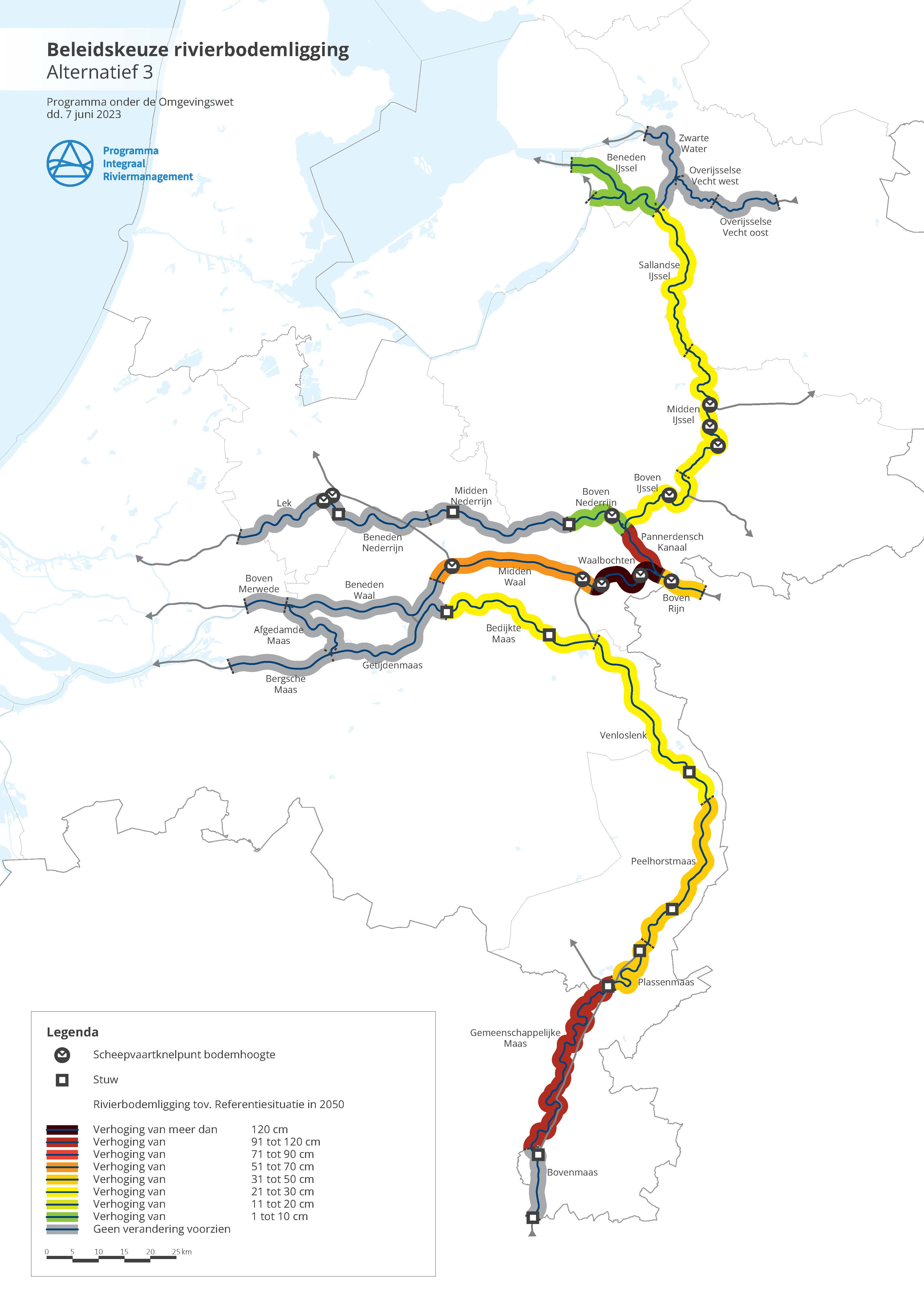 Alternatief 3 is ter vergelijking naast de afbeelding van alternatief 2 gelegd. In de afbeelding van alternatief 3 is de bodemverhoging weer ten opzichte van de referentiesituatie. In alternatief 3 is bij de Waalbochten de grootste verhoging voorzien, van meer dan 120 centimeter. Op de andere trajecten is de verhoging minder dan 120 centimeter, of helemaal niet nodig.  