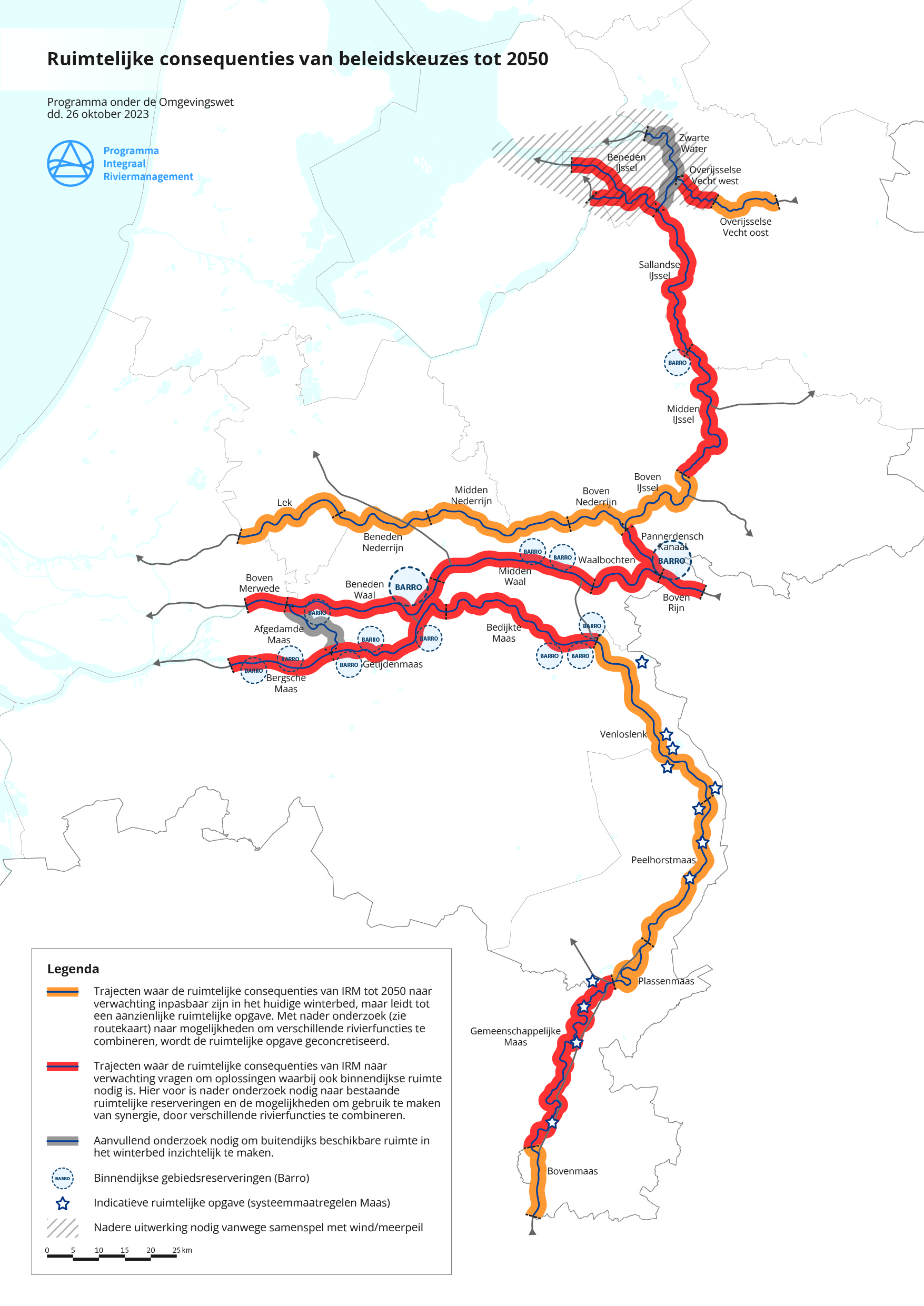 De rechter afbeelding laat de ruimtelijke consequenties van de beleidskeuzes tot 2050 zien. Op veel trajecten langs de Maas, Waal en IJssel is beperkte buitendijkse ruimte voor alle trajectopgaven. Hiervoor is nader onderzoek nodig naar bestaande ruimtelijke reserveringen en de mogelijkheden om gebruik te maken van synergie, door verschillende rivierfuncties te combineren.