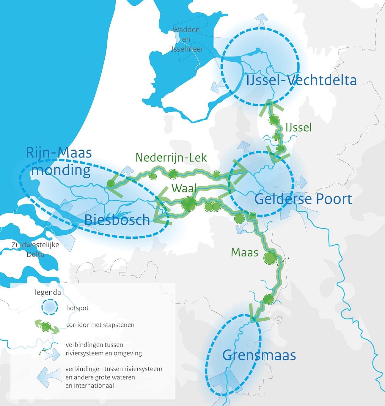 Deze afbeelding laat het natuurnetwerk Grote Rivieren van de PAGW zien langs de Maas en de Rijntakken zien. De vier kerngebieden zijn IJssel-Vechtdelta, Gelderse Poort, Biesbosch en Grensmaas.